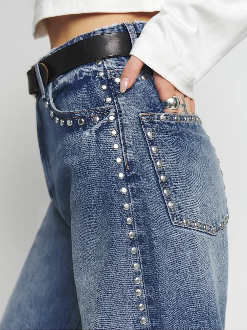 Reformation Cary High Rise Slouchy Wide Leg Jeans in Chesapeake studded